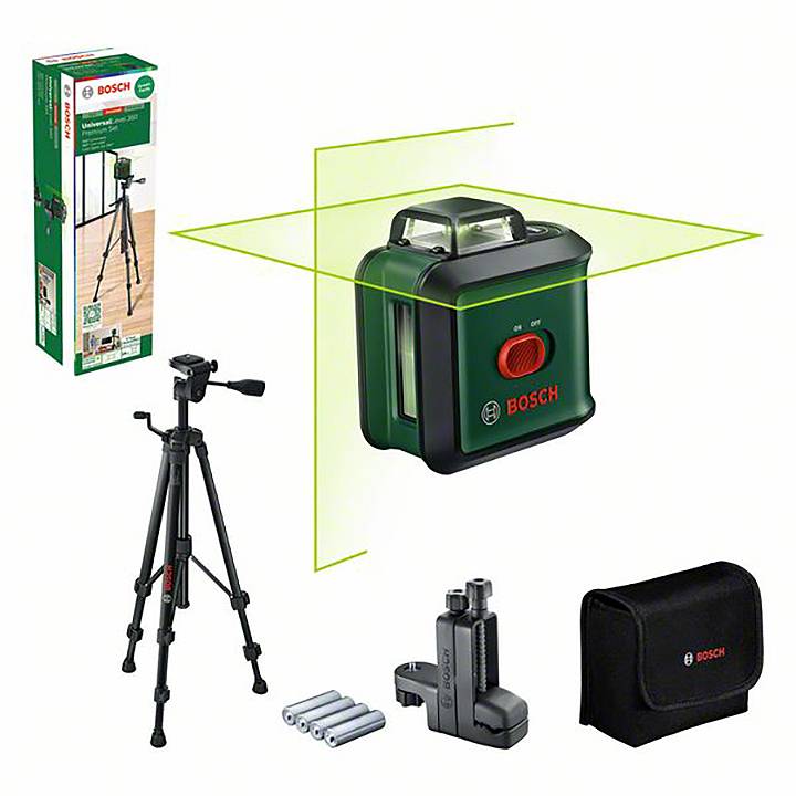 Bosch Laser-Nivelliergerät mit Stativ, Batterien und Tasche. Verpackung links, Gerät mittig, Zubehör unten und rechts abgebildet.