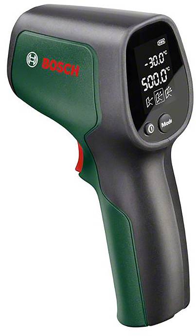 Infrared-Thermometer von Bosch mit LCD-Display zeigt Temperaturbereich von -30°C bis 500°C an.