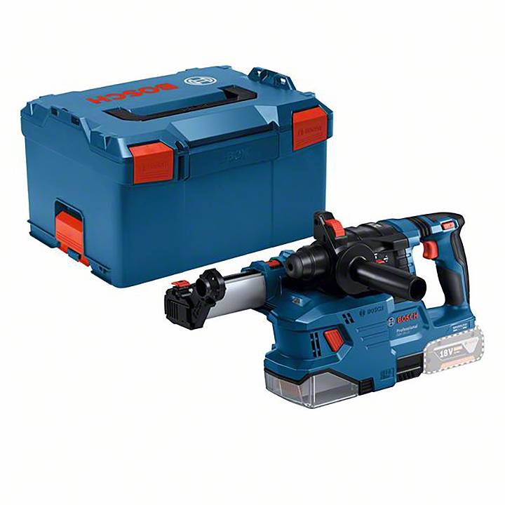 Akkubohrhammer mit Zubehörkoffer, blau und schwarz, von Bosch. Ideal für Bauarbeiten und Heimwerken. Kompakt und leistungsstark.