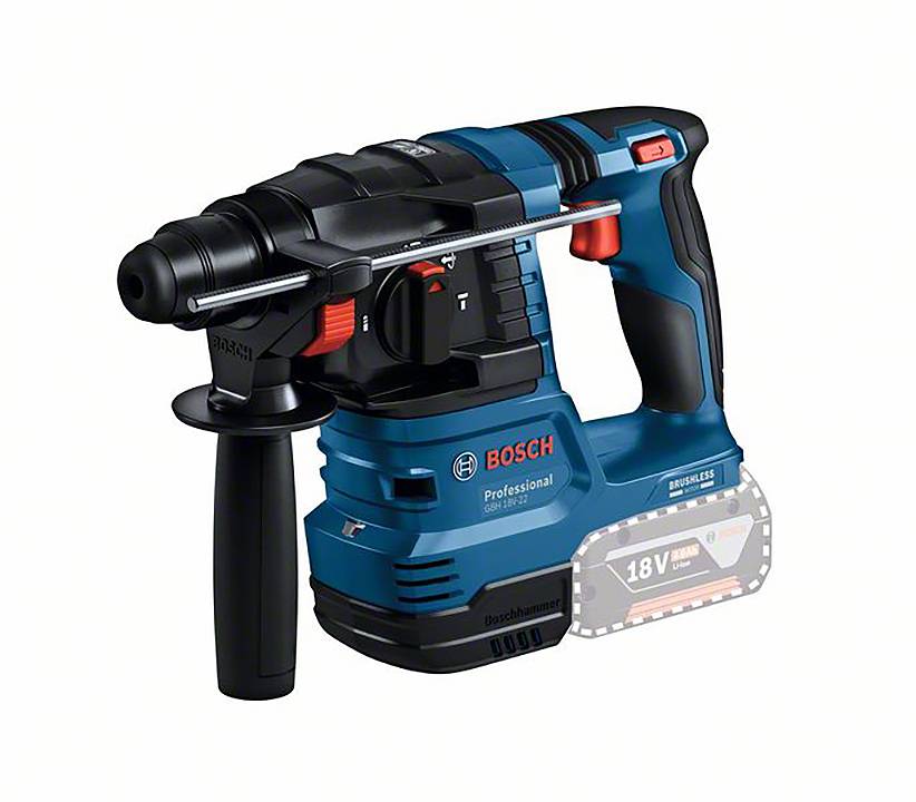 Ein blauer Akkubohrhammer mit schwarzem Griff, Markenname 'Bosch'. Geeignet für professionelle Bauarbeiten.