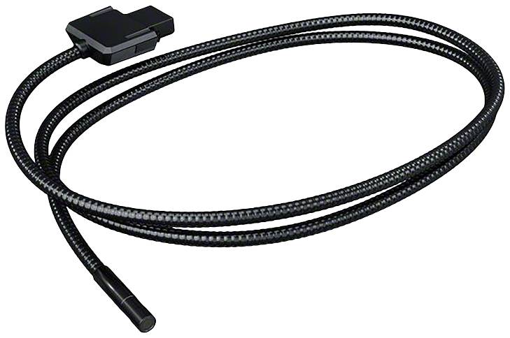 Ein schwarzes, flexibles Endoskop-Kabel mit Kamera an einem Ende, verwendet zur Untersuchung von schwer erreichbaren Stellen.