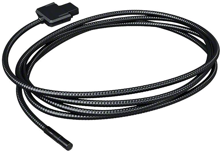 Ein langes, flexibles schwarzes Kabel liegt aufgerollt. An einem Ende befindet sich ein rechteckiger Stecker, am anderen eine kleine Sonde.