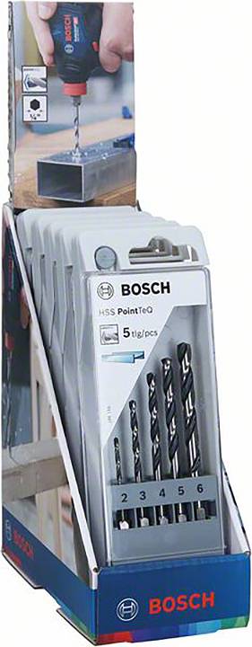 Bohraufsätze von Bosch in einer Verkaufsverpackung, geeignet für Metallbohrungen. Zeigt fünf verschiedene Größen.