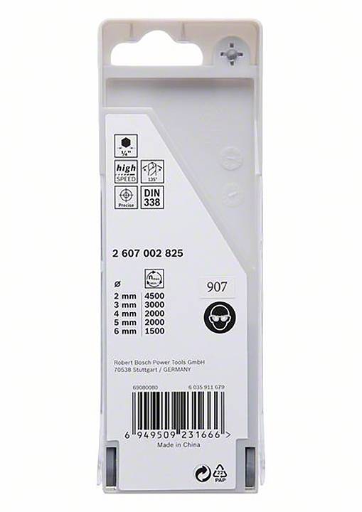 Rückseite einer Bohrer-Verpackung. Zeigt Details wie Bohrergrößen (3mm bis 6mm), Bohrertyp und Herstellerinformationen.