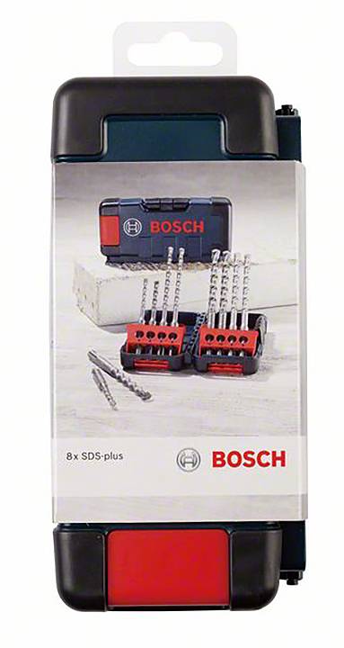 Ein Bosch-Bohrerset mit 8 SDS-plus Bohrern in einer schwarzen und roten Kunststoffbox, geeignet für Betonarbeiten.