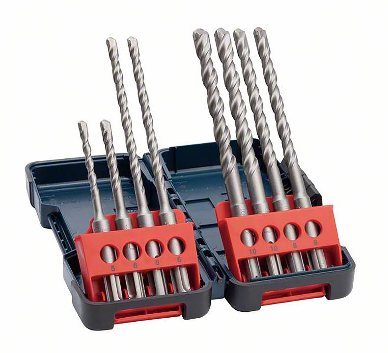 Bohrer-Set in schwarz-roten Halterungen unterschiedlicher Größe, geöffnet in zwei separaten Boxen.