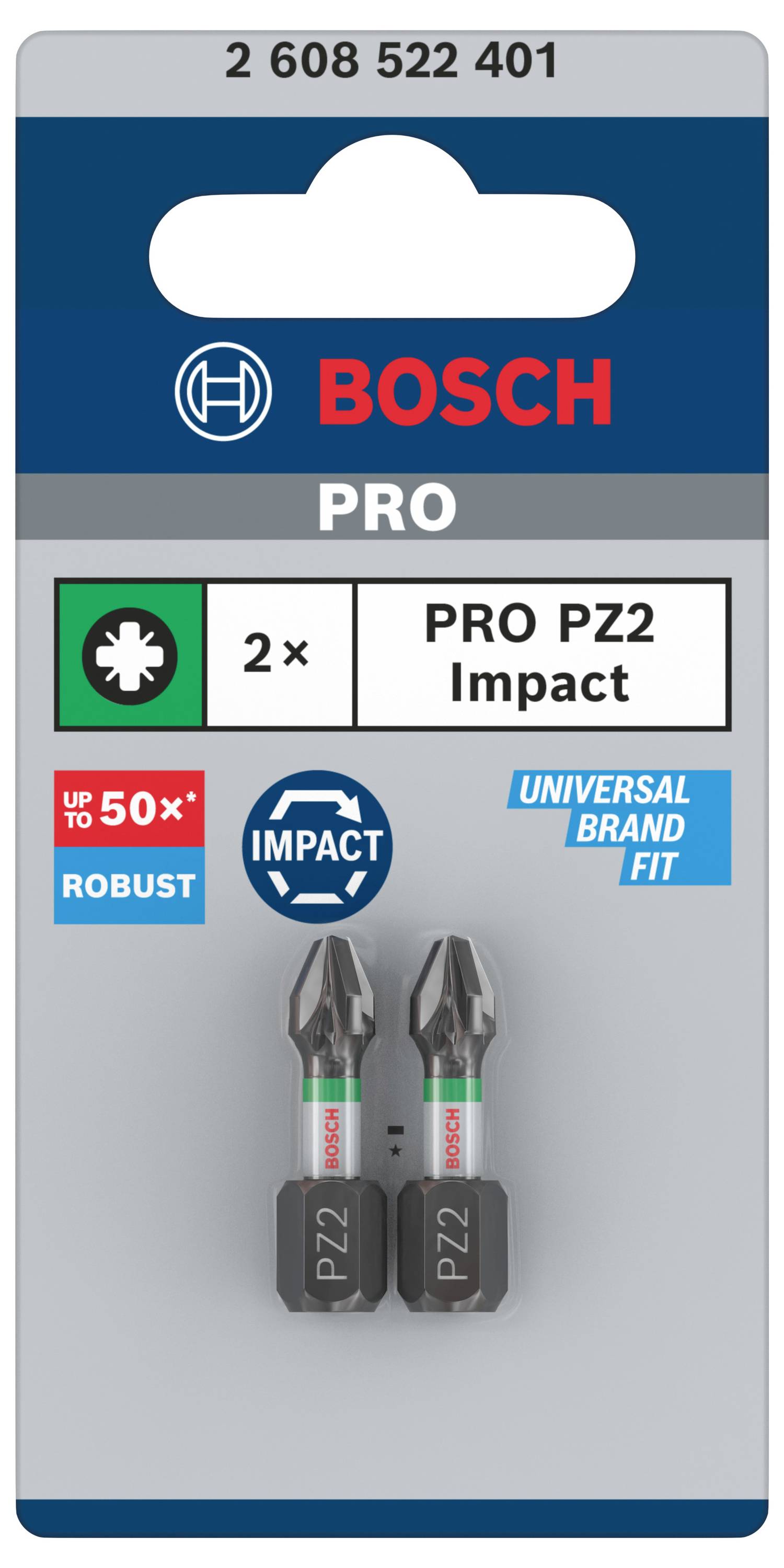 Verpackung mit zwei Bosch PRO PZ2 Impact Schraubendrehereinsätzen, robust und universell passend.