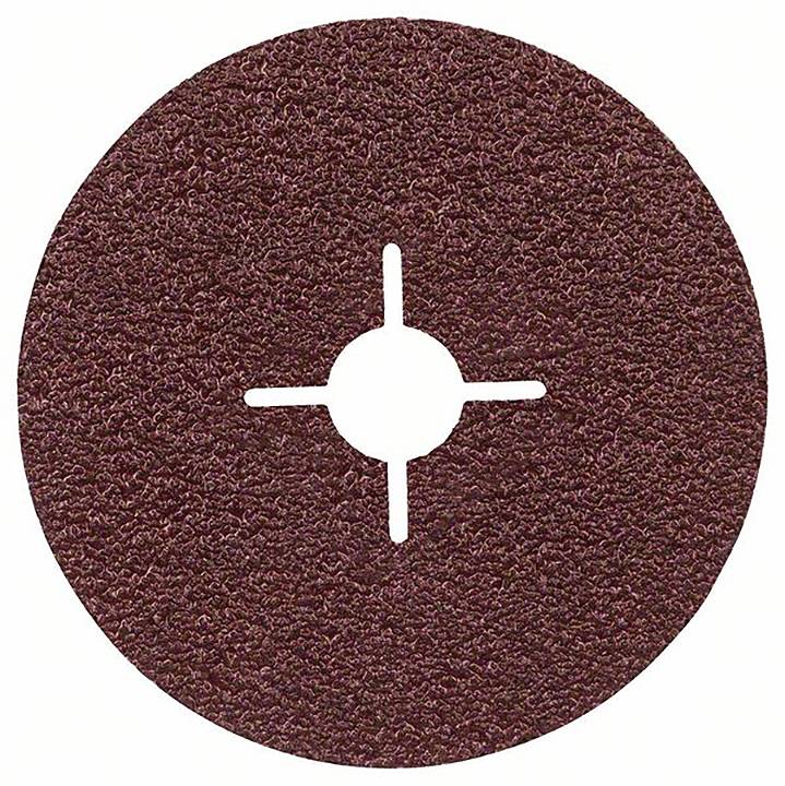 Runde Schruppscheibe mit Textur, zentralem Loch und vier Schlitzen, verwendet zum Schleifen von Oberflächen in handwerklichen Arbeiten.