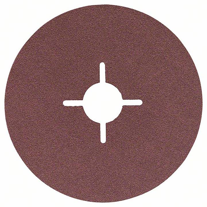 Schleifscheibe aus braunem Sandpapier mit kreuzförmiger Öffnung in der Mitte zur Befestigung auf einer Maschine.
