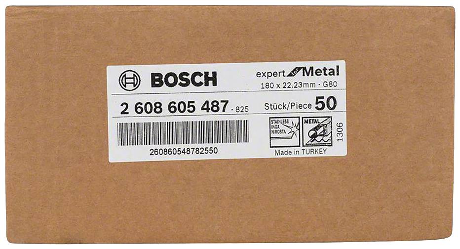 Kartonverpackung mit einem Etikett der Marke 'Bosch'. Enthält 50 Stück, gefertigt in der Türkei, für Metallbearbeitung geeignet.