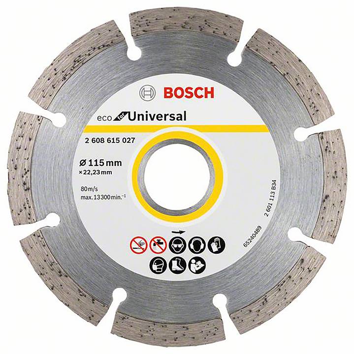 'Bosch eco Universal' Diamantsägeblatt 115 mm Durchmesser, geeignet für Steinmaterialien, zeigt Symbole für Sicherheitsinformationen.