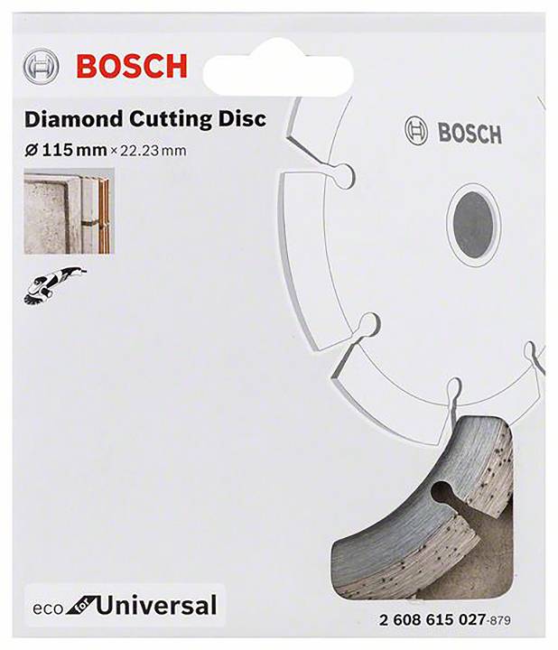 Verpackung einer Bosch Diamant-Trennscheibe '115 mm x 22,23 mm', geeignet für verschiedene Materialien, mit Abbildung des Produkts.