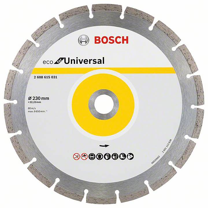 Kreissägeblatt mit der Aufschrift 'Bosch eco for Universal', Durchmesser 230 mm. Geeignet für unterschiedliche Materialien.