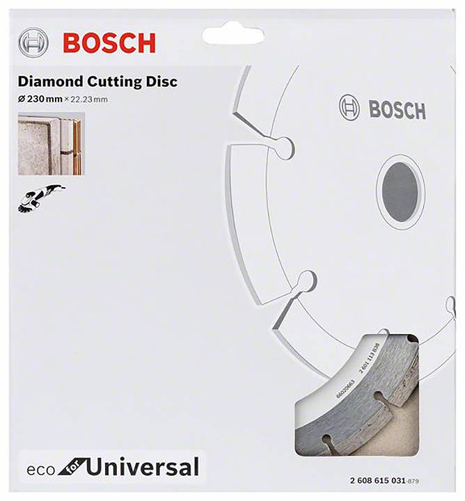 Verpackung einer Bosch Diamant-Trennscheibe, Ø 230 mm, für allgemeine Bauarbeiten. Markenlogo und Produktinformationen sind sichtbar.