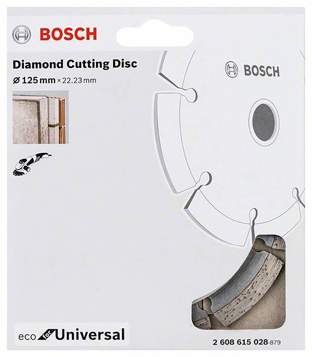 'Bosch Diamant-Trennscheibe 125 mm x 22,23 mm für Bauplatten.' Verpackung zeigt Produktabbildung und Beispielanwendung.