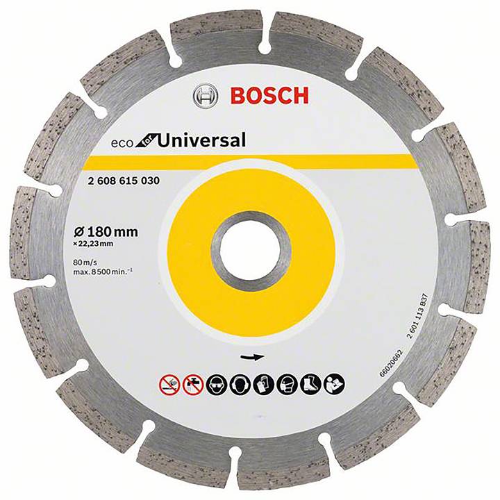 Diamantsägeblatt 'Bosch Universal' mit 180 mm Durchmesser. Geeignet für verschiedene Materialien. Geschwindigkeit max. 80 m/s.