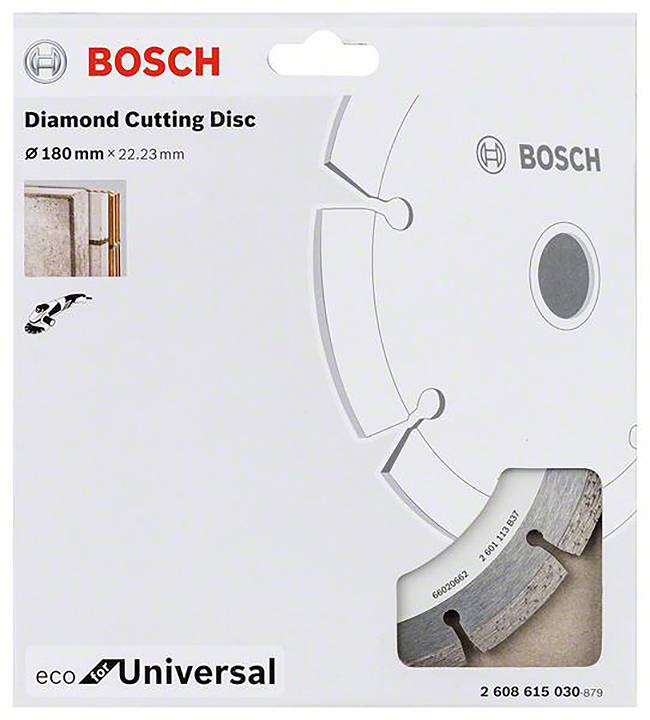 'Bosch Diamantscheibe', für das Schneiden von Material wie Beton. Durchmesser: 180 mm, Bohrung: 22,23 mm. Verpackungsdetails gezeigt.