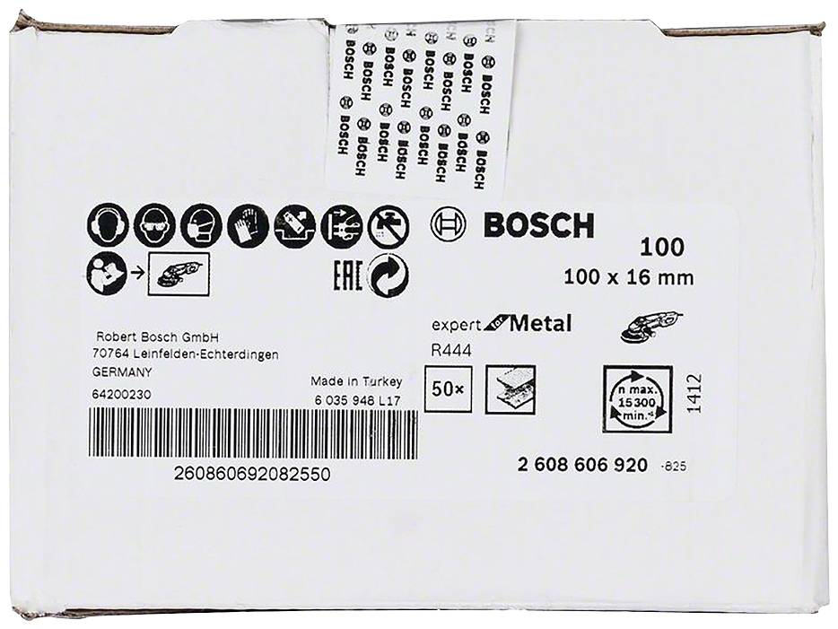 Pappkarton mit Aufdrucken für Bosch-Trennscheiben: 100 Stück, 100 x 16 mm, Expert Metal, hergestellt in der Türkei.
