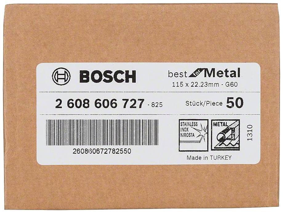 Ein brauner Karton mit einem Bosch-Logo. Etikett zeigt Produktnummer '2 608 606 727', 'Made in Turkey'. Enthält 50 Stück Schleifscheiben.