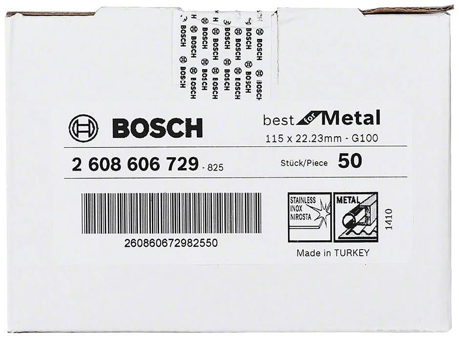 Verpackung einer Bosch Metallsäge, 50 Stück, 115 x 22,23 mm, Made in Turkey, mit Logo und Hinweis auf rostfreien Stahl.