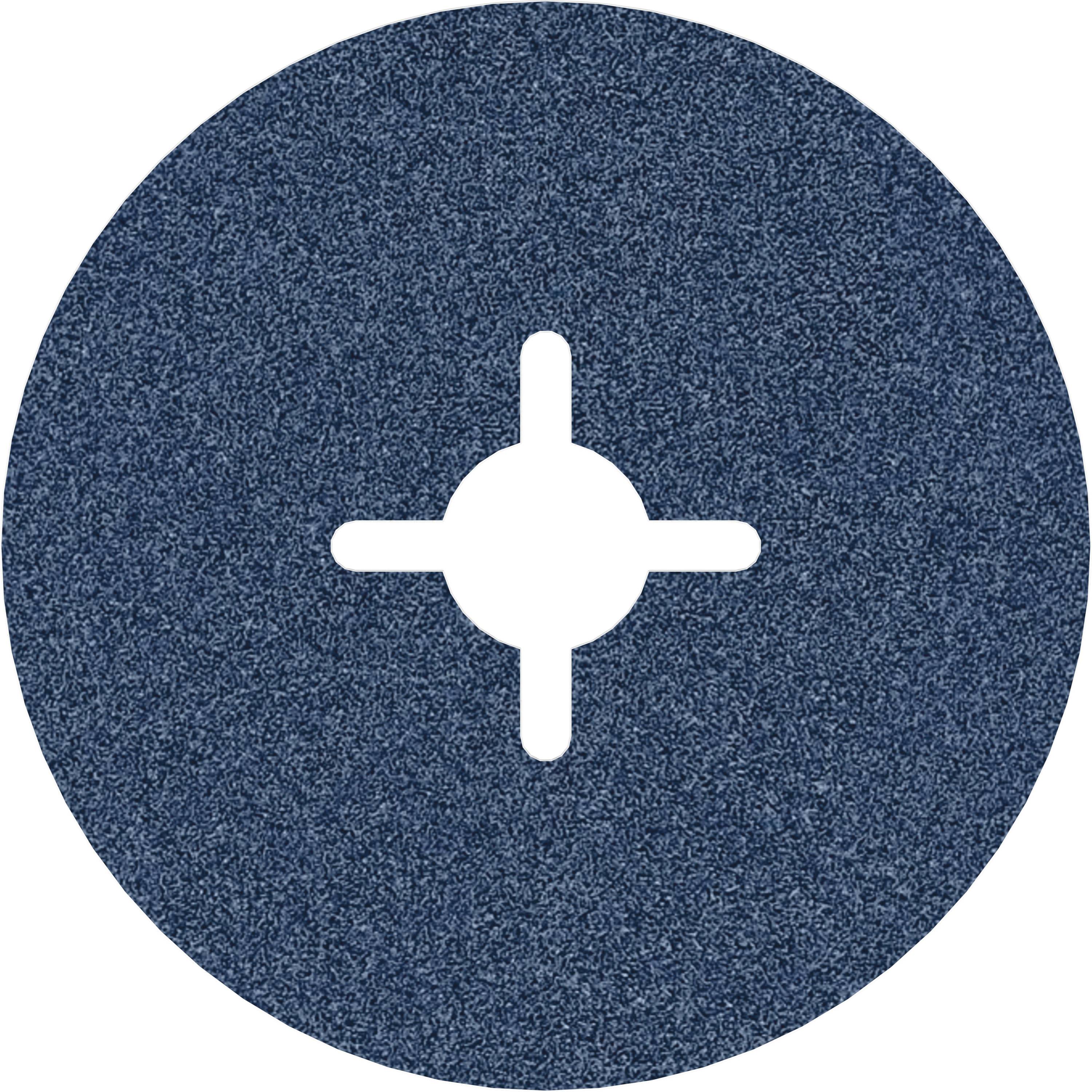 Blaues Schleifpapier-Rondell mit kreuzförmiger Lochung in der Mitte, hauptsächlich zum Schleifen von Metalloberflächen verwendet.