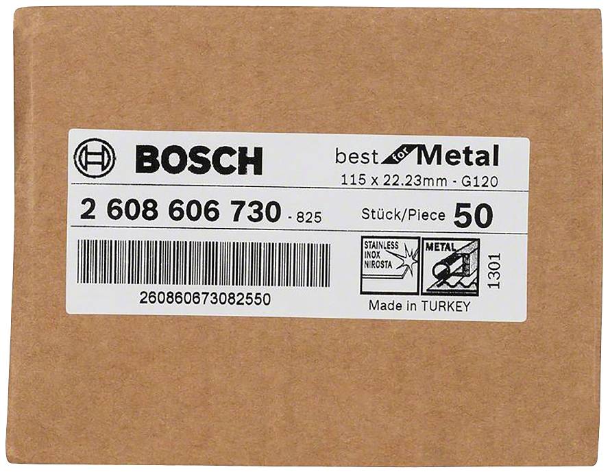 Kartonverpackung mit Bosch-Schleifscheibenetikett. Text: 'Best for Metal', 'Stainless/Inox', '50 Stück', '115 x 22,23 mm, G120'. Made in Turkey.
