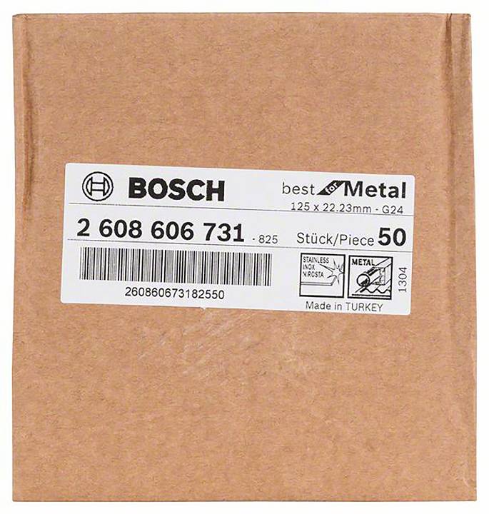 Bosch Schleifscheiben-Verpackung, 125 x 22,23mm, Typ G24, 50 Stück, für Metallbearbeitung, hergestellt in der Türkei.