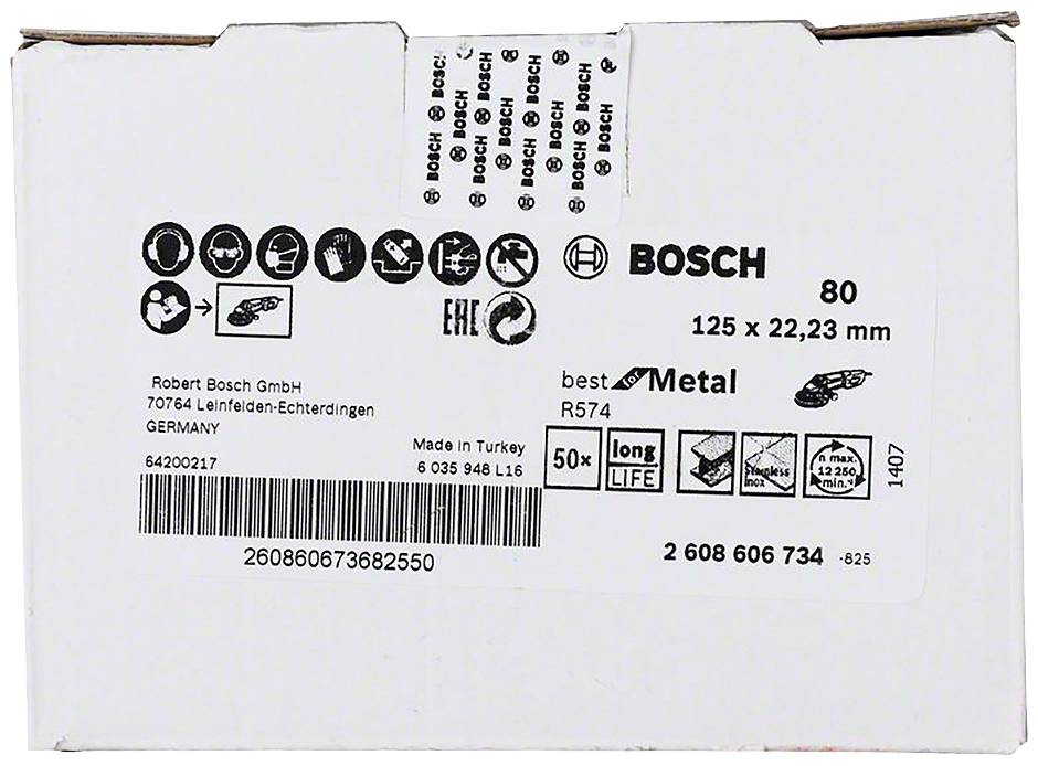 'Bosch' Metall-Sägeblattverpackung. Zeigt Maße 125 x 22,23 mm, 50 Blätter enthalten. Hergestellt in der Türkei, Hergestellt von Bosch GmbH.