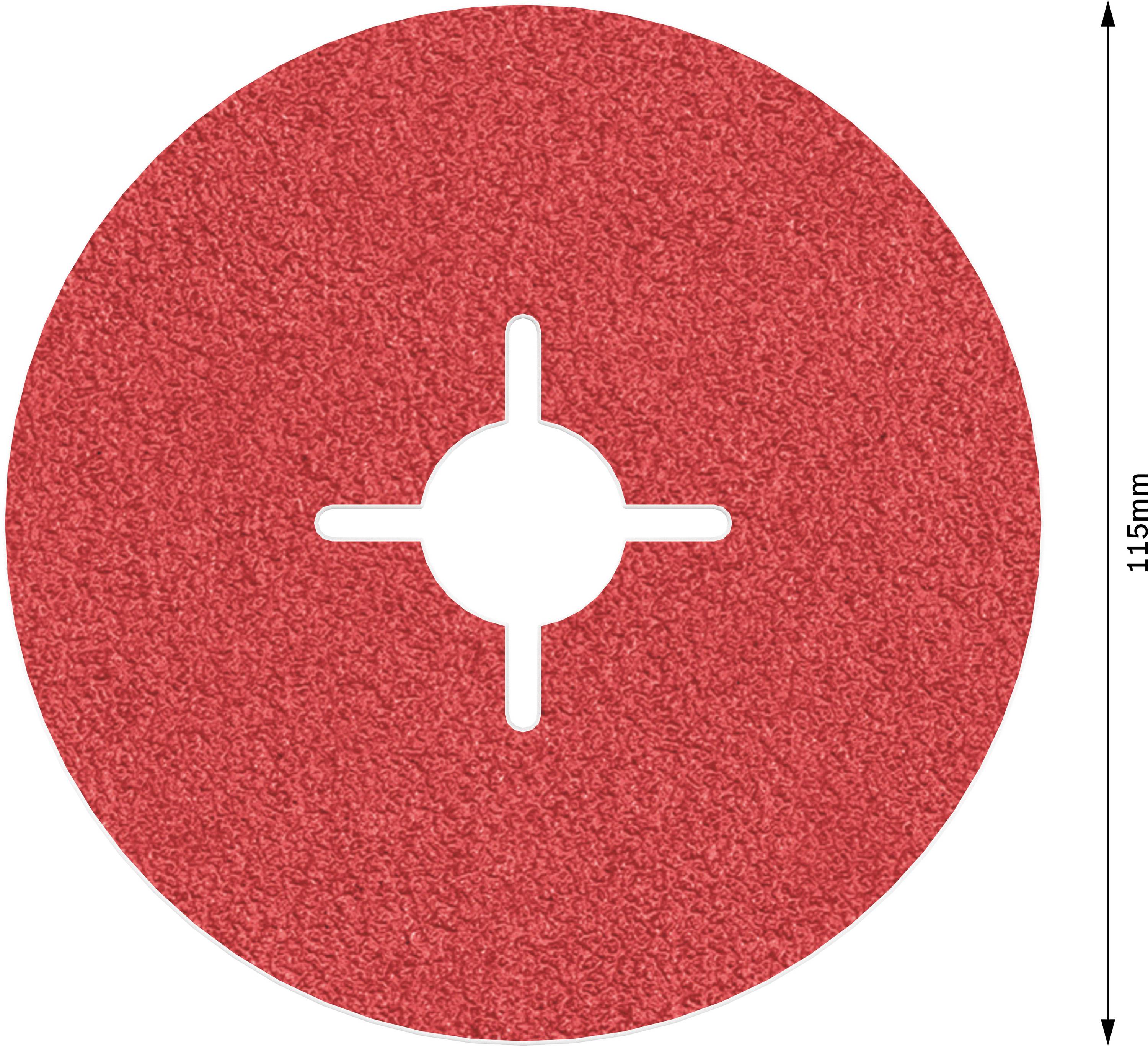 Rotes Schleifscheibenpapier, rund, mit einem Durchmesser von 115 mm, hat in der Mitte vier symmetrische Schlitze.