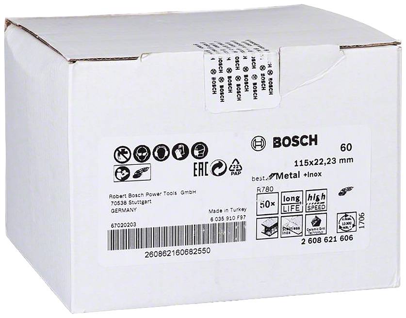 Kartonverpackung mit Bosch-Logo, Produktinformationen und Herstellerangaben. Enthält Angaben zur Länge und Stärke der Metallschleifscheiben.