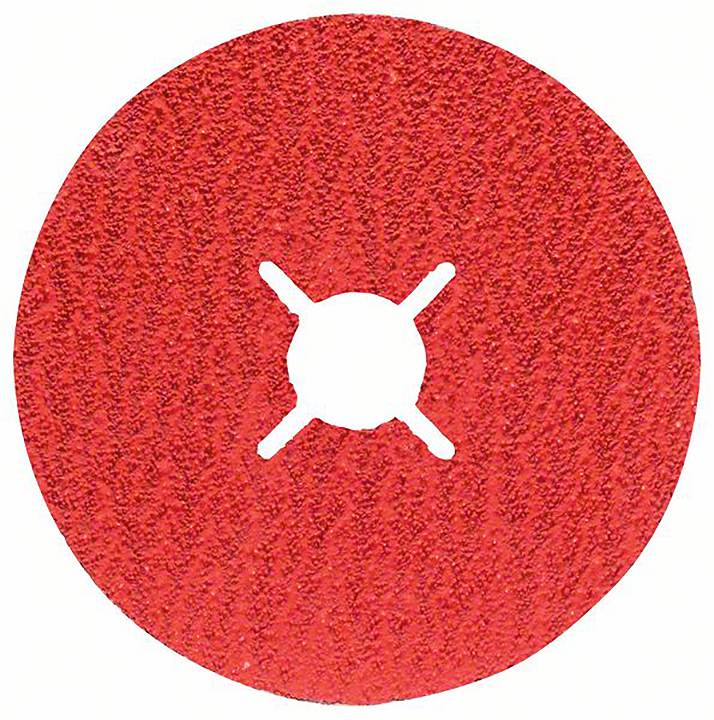 Ein roter Schleifscheibenaufsatz mit gekreuzter Öffnung in der Mitte, geeignet für Schleifmaschinen zur Bearbeitung von Oberflächen.