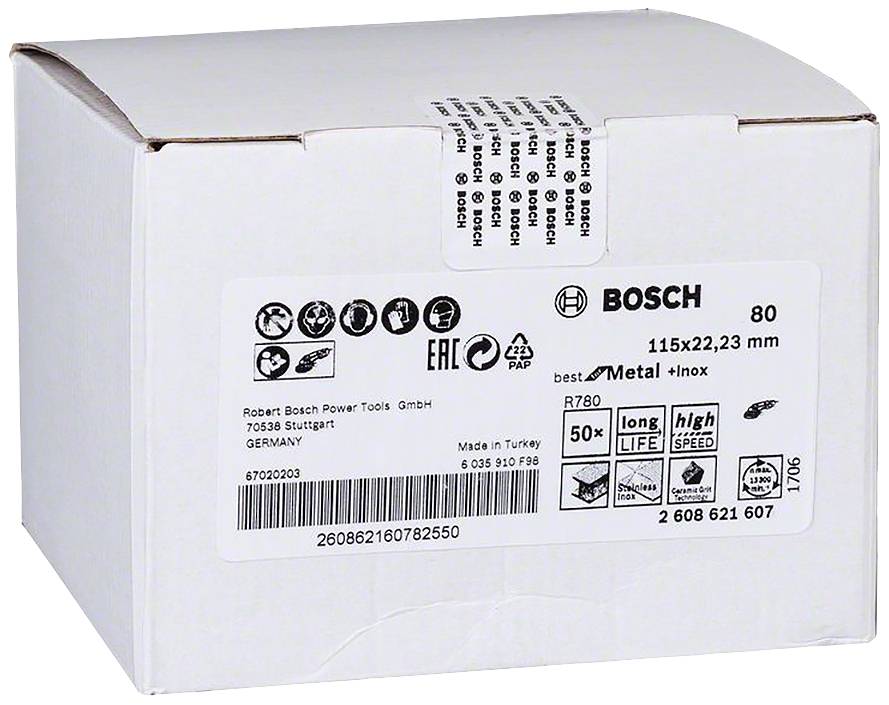 Weiße Verpackung mit Bosch-Logo. Aufkleber zeigt Produktinfos: 115x22,23 mm Disc für Metall/Inox, '50x longer life' Symbol. Herkunft: Türkei.
