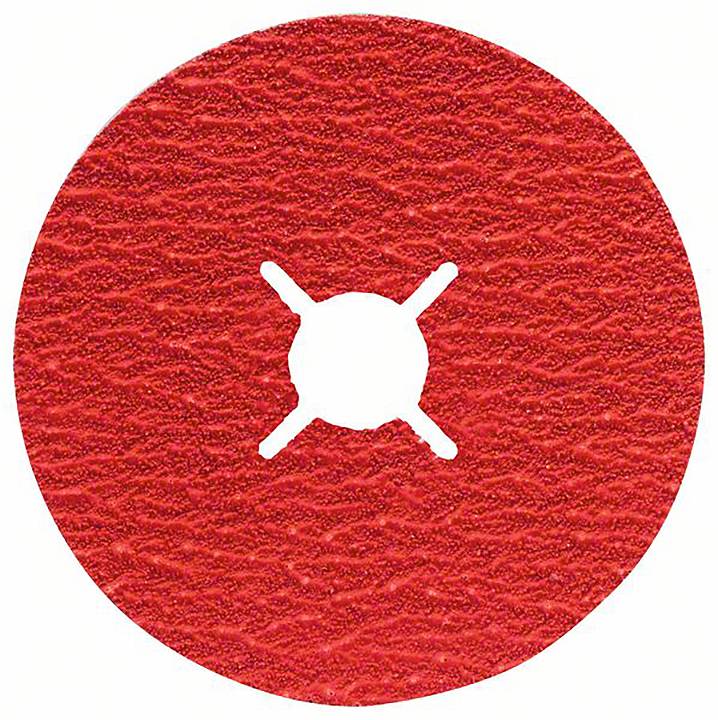 Rote Schleifscheibe mit rauer Textur und sternförmigem Loch in der Mitte, vor weißem Hintergrund.