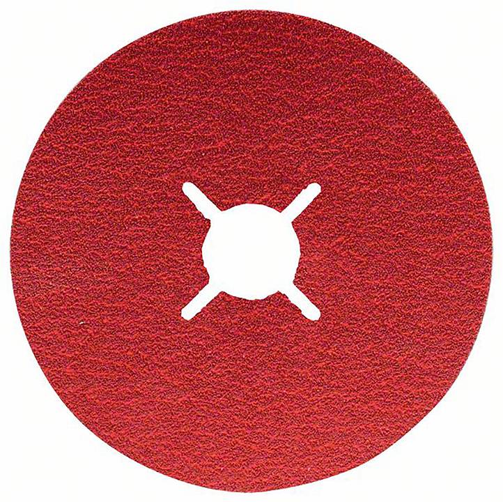 Ein rundes, rotes Schleifpapier mit zentraler Öffnung und sternförmigen Schlitzen, geeignet für Schleifmaschinen.