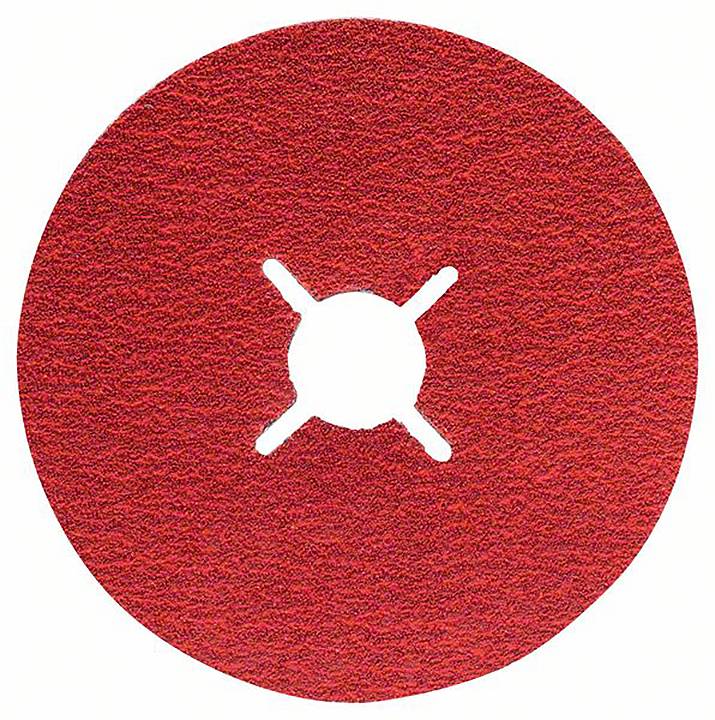 Rotes Schleifpapier-Rundblatt mit mittiger kreuzförmiger Öffnung, geeignet für industrielle Schleifanwendungen.