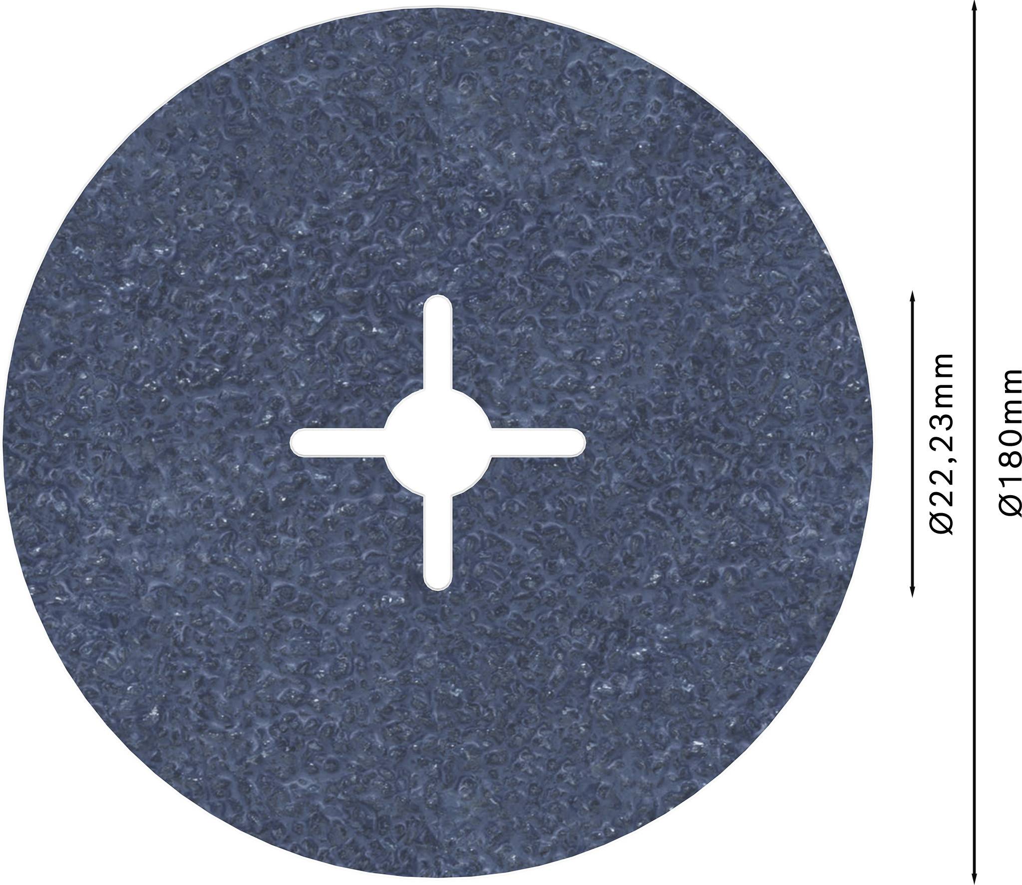 Darstellung einer Schleifscheibe mit Kreuzschlitzmitte. Durchmesser 180 mm, Befestigungsloch 22,23 mm.