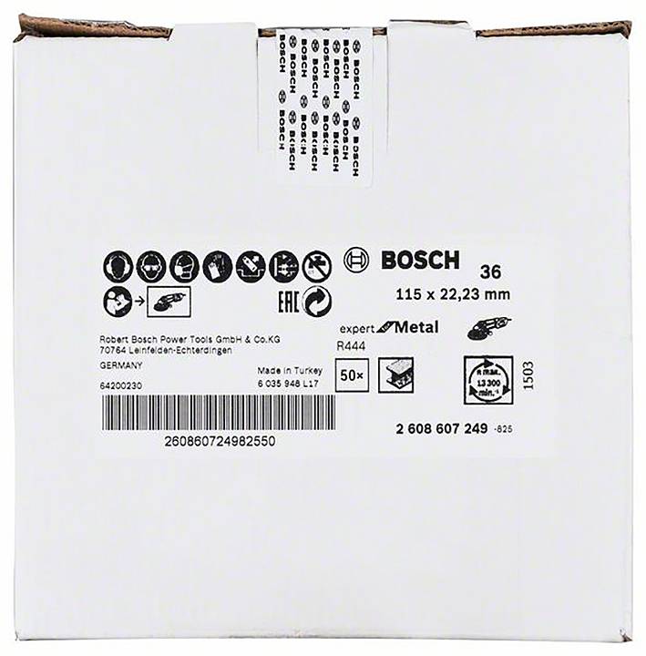 Weiße Verpackung mit schwarzem Text: Bosch, 115 x 22,23 mm, 50 Stück, Made in Turkey. EAN-Nummer: 260860724982550.