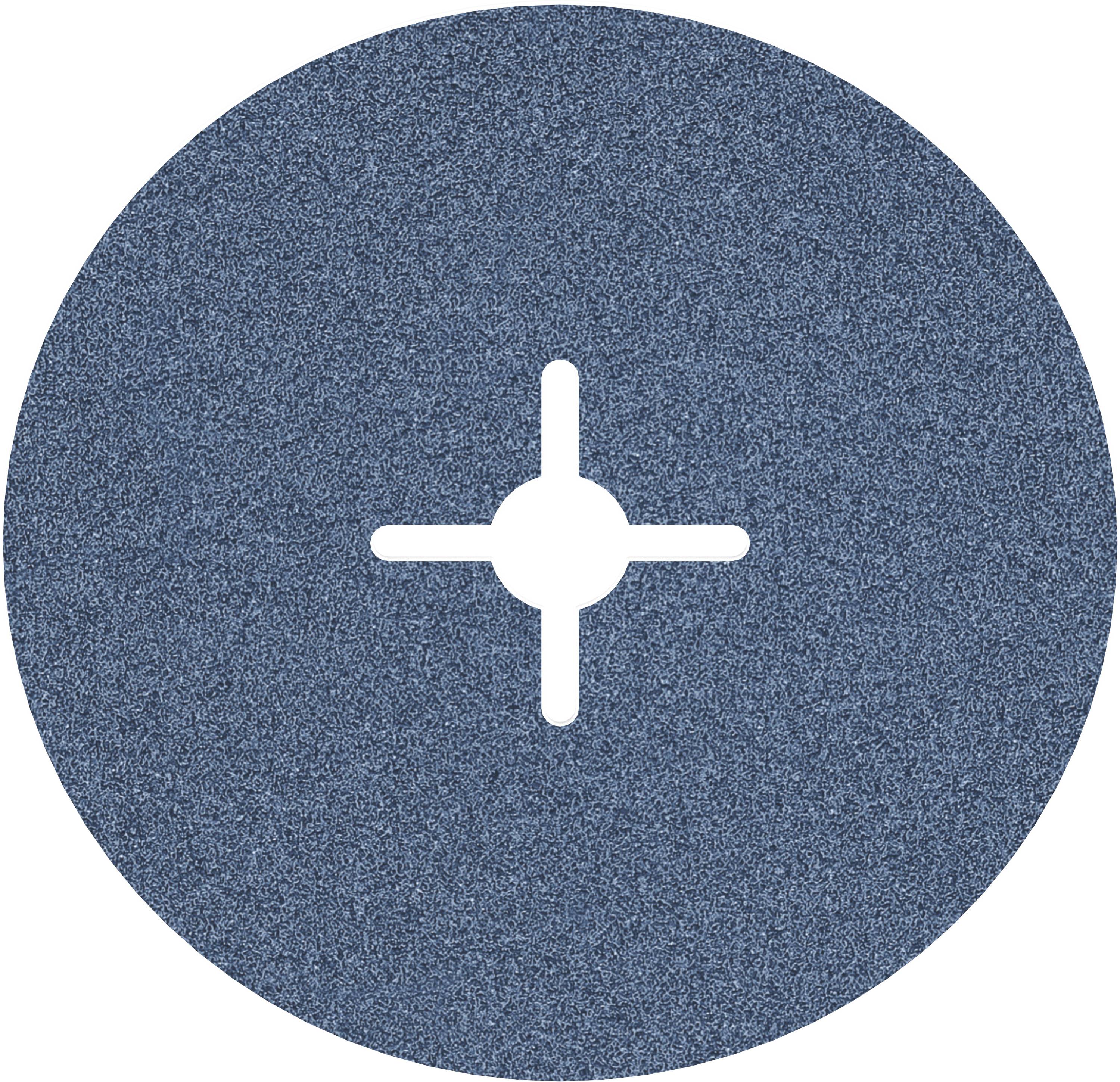 Eine runde Schleifscheibe mit einem zentralen Kreuzschlitz für die Befestigung, aufgerautes blaues Material zur Oberflächenbearbeitung.