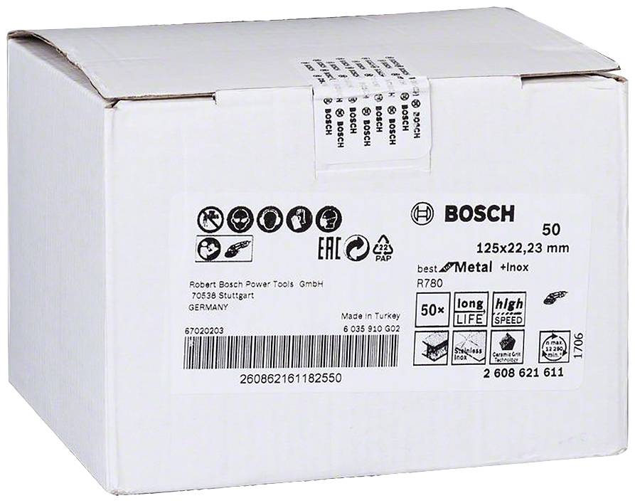 Ein Pappkarton mit Etiketten, die technische Details zeigen: Marke Bosch, 50 Stück, Größe 125x22,23 mm, geeignet für Metall und Inox.