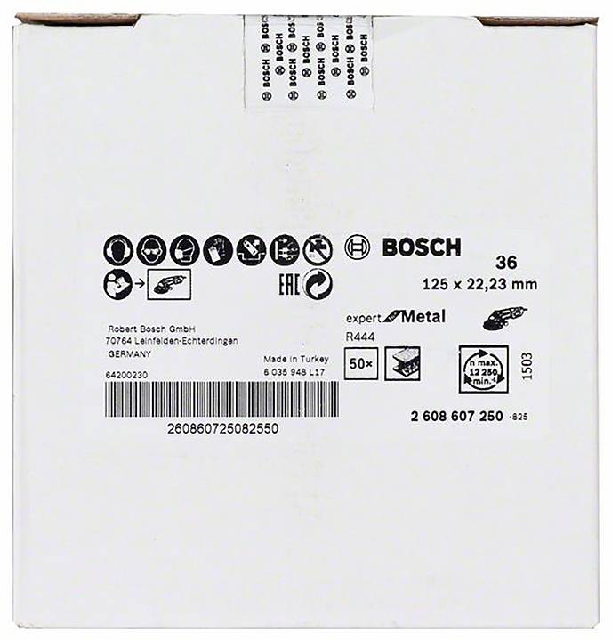 Eine weiße Verpackung mit Bosch-Logo und Produktinformationen. Enthält Angaben wie '125 x 22,23 mm' und 'Made in Turkey'.