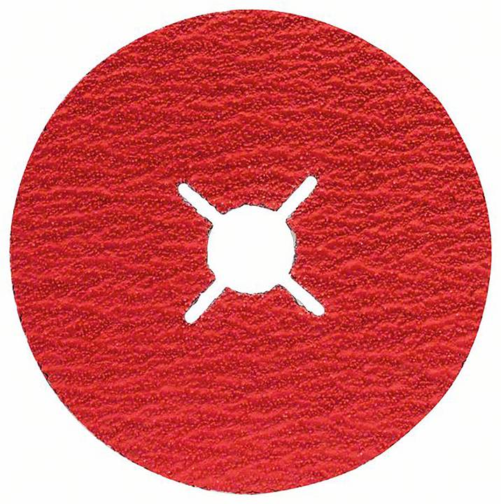Rotes Schleifpapier-Rundblatt mit zentralem Loch und Kreuzschlitz zur Befestigung auf einem Schleifgerät. Oberflächenstruktur ist rau.