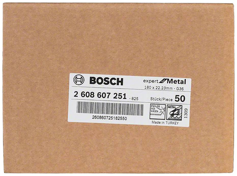 Karton mit Bosch-Label, 'expert for Metal', Maße 180 x 22,23 mm, 50 Stück pro Packung, hergestellt in der Türkei.