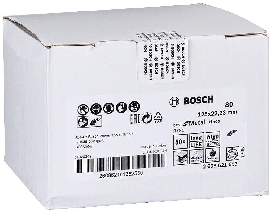 Weiße Bosch-Verpackung mit Aufdruck: '80 125x22,23 mm'. Enthält Informationen zu Hersteller, Herkunft und technischen Spezifikationen.