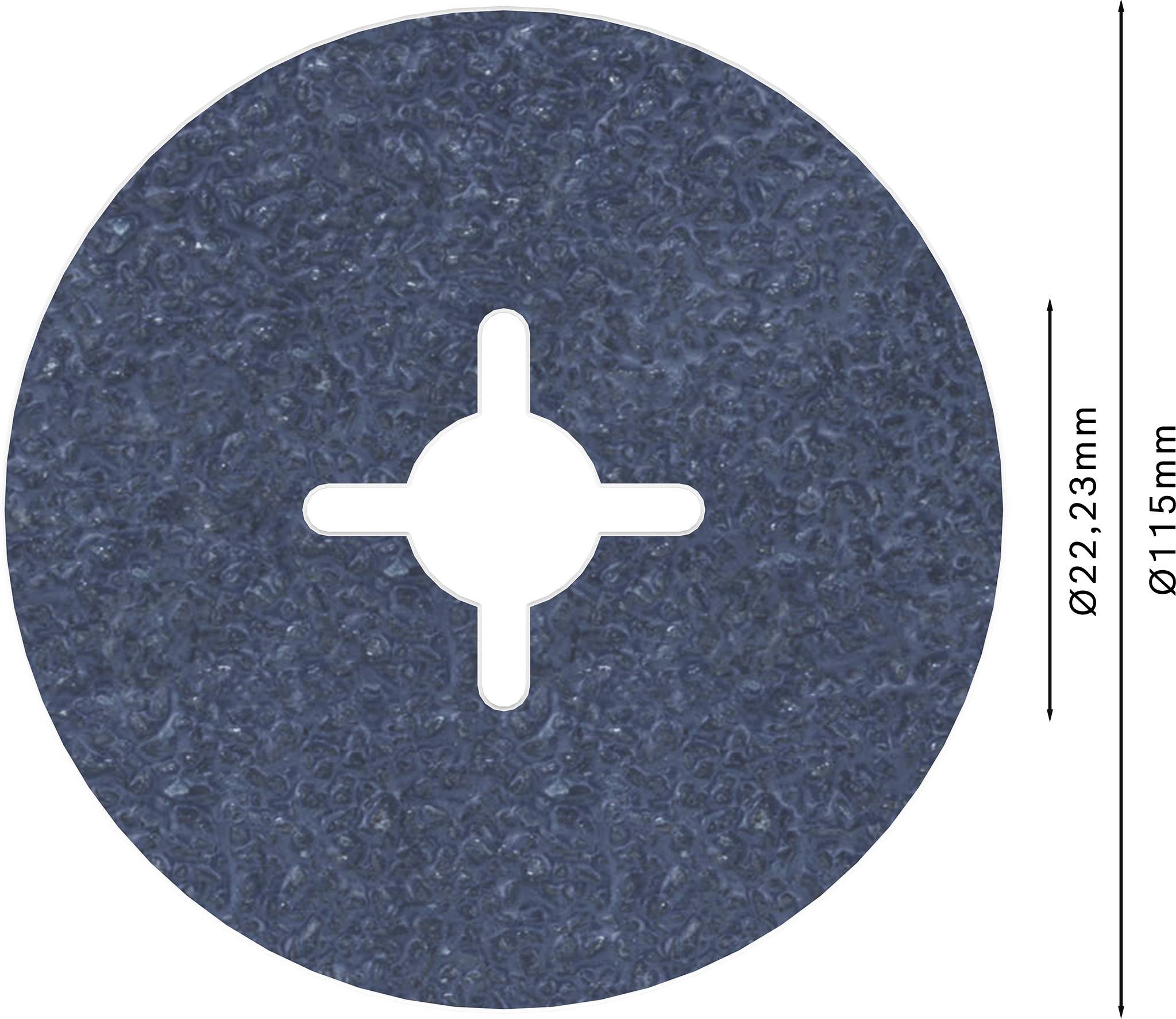 Aluminiumoxid-Schleifpapier Ø115mm mit zentralem Befestigungsloch Ø22,23mm. Geeignet für Schleifarbeiten auf Metalloberflächen.