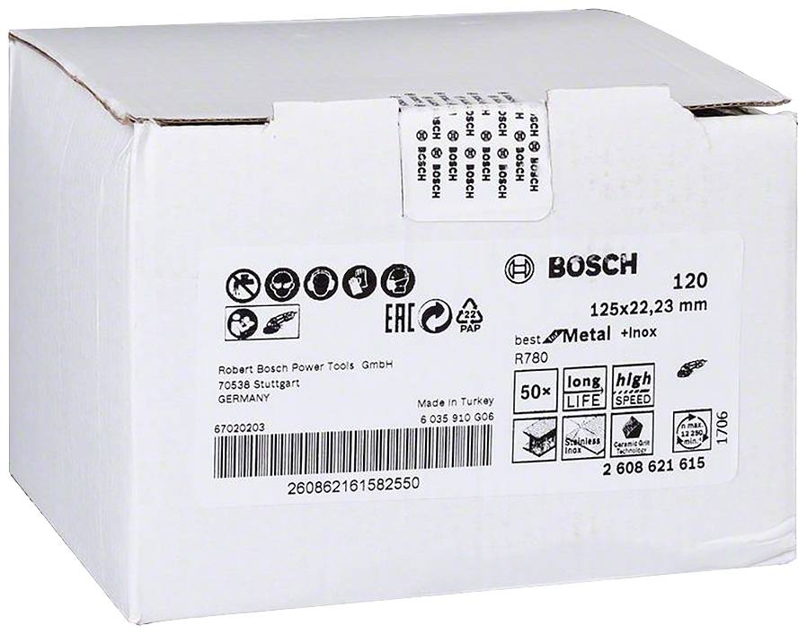 Weiße Bosch-Verpackung mit technischen Symbolen, Spezifikationen und Barcode. Enthält 50 Metall-Inox-Trennscheiben, 125x22,23 mm.