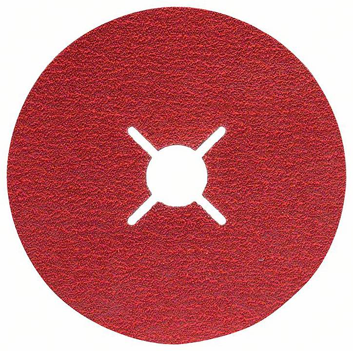 Ein roter Schleifscheibe mit zentralem Loch und vier Schlitzen, vor einem weißen Hintergrund. Verwendet zum Schleifen oder Polieren.
