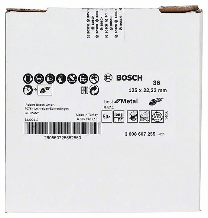 Eine weiße Bosch-Verpackung mit schwarzen Aufdrucken: '125 x 22,23 mm', 'Metal', 'Made in Turkey', Barcode und andere Symbole.