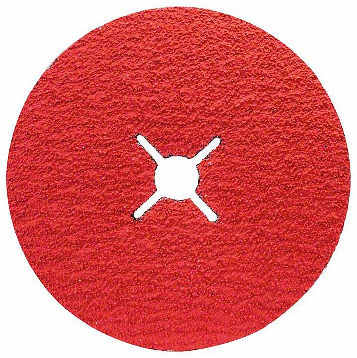 Ein rotes Schleifpapier mit einem kreisförmigen Design und einem Kreuzschlitz in der Mitte.
