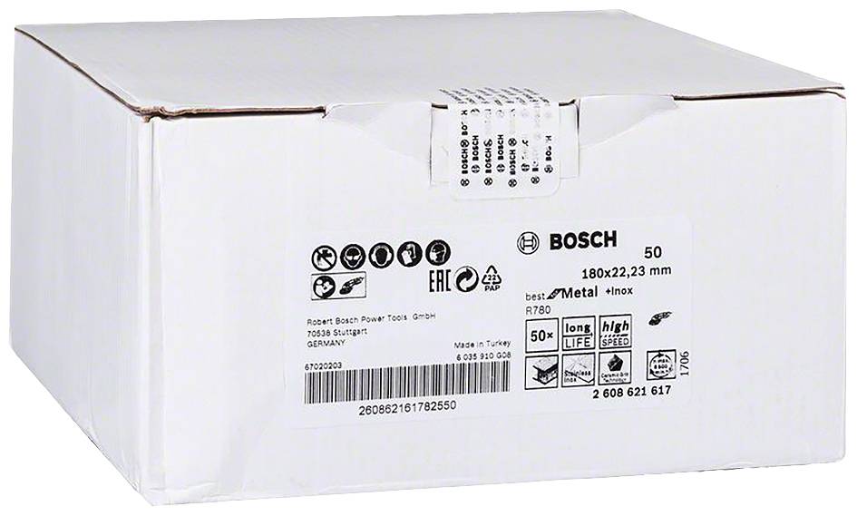Weiße Box mit Produktetikett von Bosch, zeigt technische Spezifikationen: Größe 180x22,23 mm, 50 Stück, Metall-Trennscheiben.