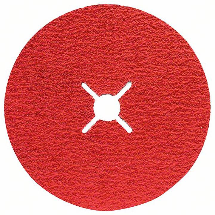 Rotes Schleifpapier mit runder Form und einem x-förmigen Loch in der Mitte.